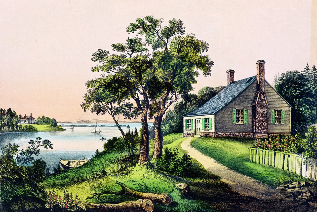 George Washingtonin syntymäpaikka Bridges Creekissä, Westmorelandin piirikunnassa, Virginiassa, 22. helmikuuta 1732, julkaisija Currier ja Ives tekijältä American School