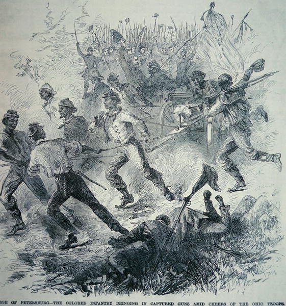 Unionin armeijan mustat joukot tuovat vangittuja aseita Pietarin piirityksen aikana (1864-65) (litho) tekijältä American School