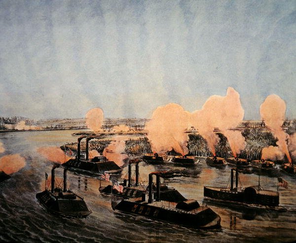 Mississippi-joen saaren "Number Ten" pommittaminen ja vangitseminen, 7. huhtikuuta 1862, julkaisija Currier & Ives (väri litho) tekijältä American School