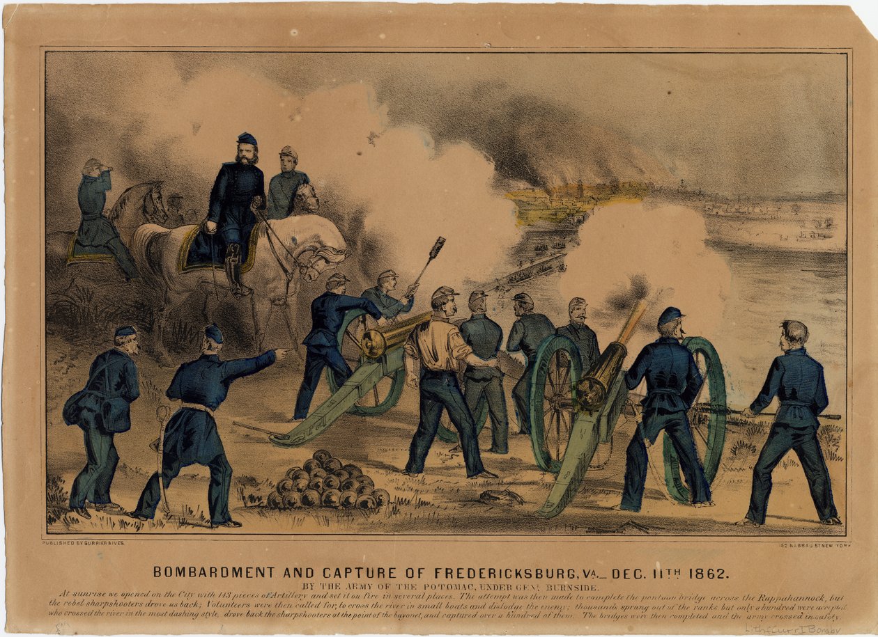Fredericksburgin pommittaminen ja valloitus, Va. 11. joulukuuta 1862, pub. kirjoittanut Currier & Ives, n. 1862 tekijältä American School