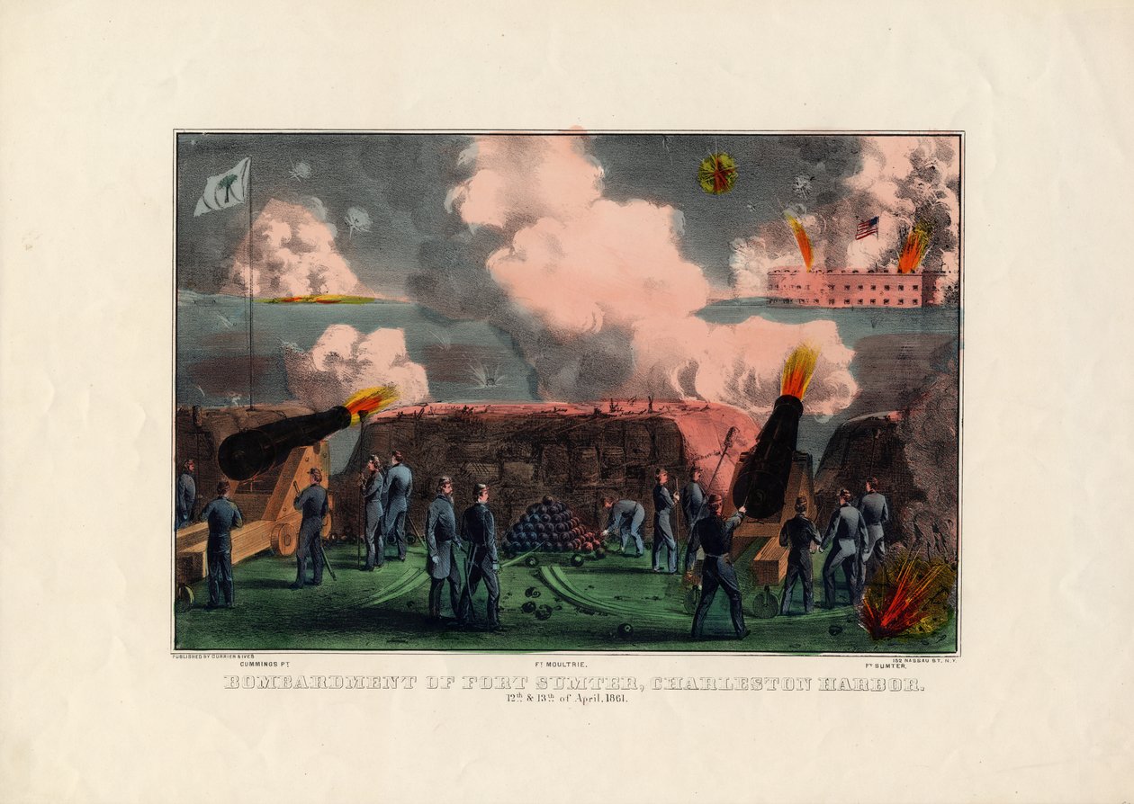 Fort Sumterin pommitukset, Charleston Harbor, 12. ja 13. huhtikuuta 1861, pub. kirjoittanut Currier & Ives, n. 1861 tekijältä American School