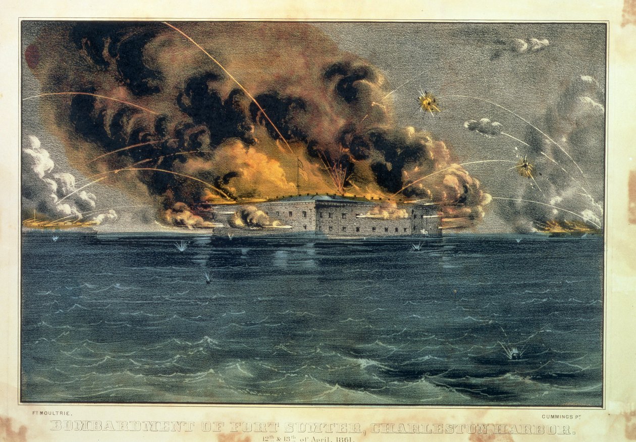 Fort Sumterin pommitukset, Charleston Harbour, 12. ja 13. huhtikuuta 1861, pub. kirjoittanut Currier und Ives tekijältä American School