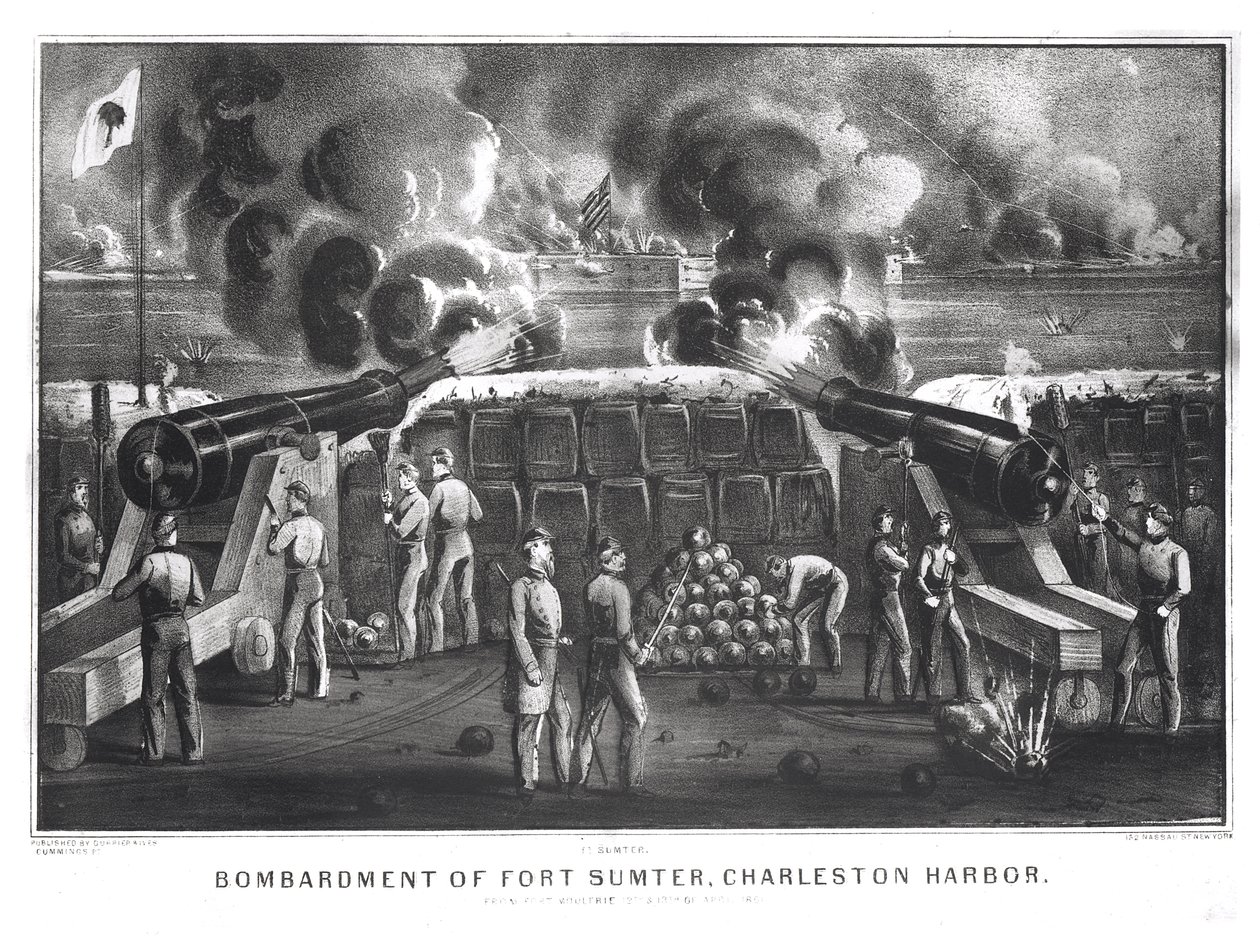 Fort Sumterin pommittaminen Charlestonin satamaan Fort Moultriesta, 12. ja 13. huhtikuuta 1861, pub. kirjoittaneet Currier ja Ives tekijältä American School