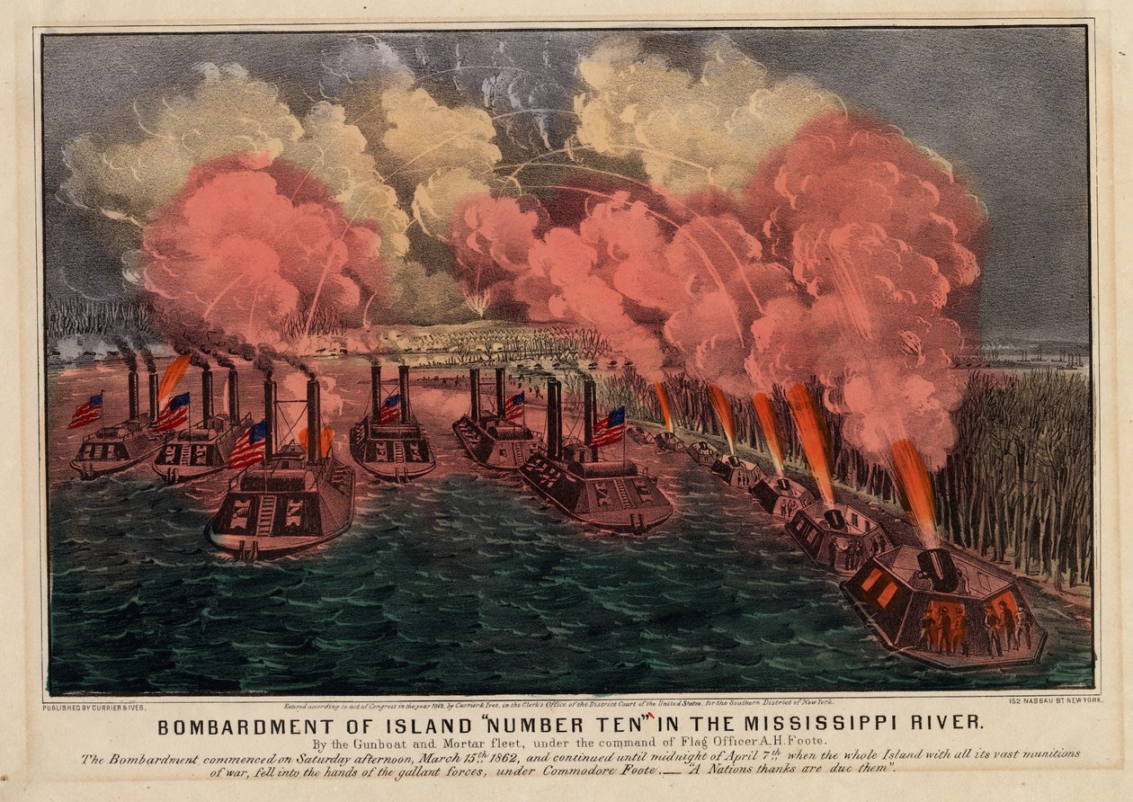 Saaren numero kymmenen pommittaminen Mississippi-joessa, pubi. kirjoittanut Currier & Ives, 1862 tekijältä American School
