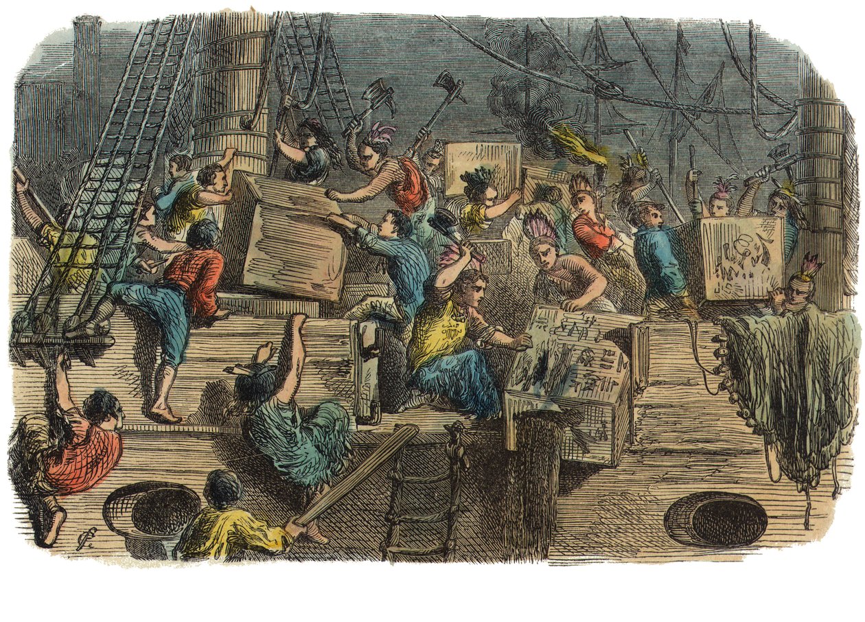 Boston Tea Party, noin 1860-luku (käsinvärinen kaiverrus) tekijältä American School