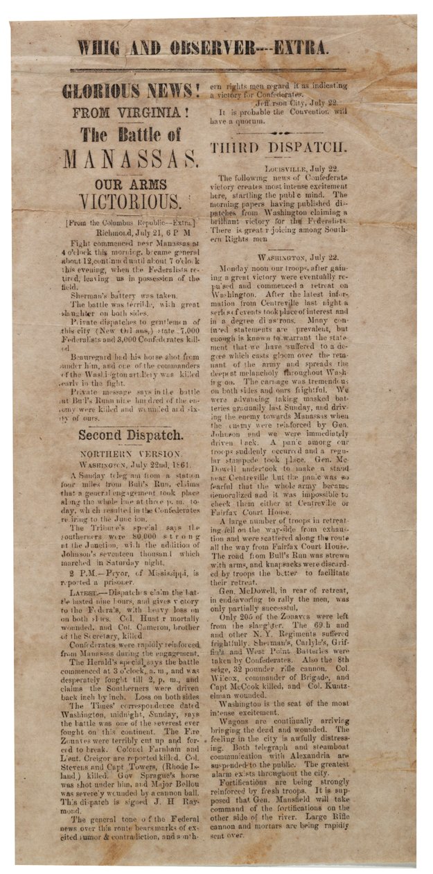 Broadside ilmoittaa ensimmäisestä Manassasin, Whigin ja Observer Extran taistelusta 22. heinäkuuta 1861 jälkeen tekijältä American School