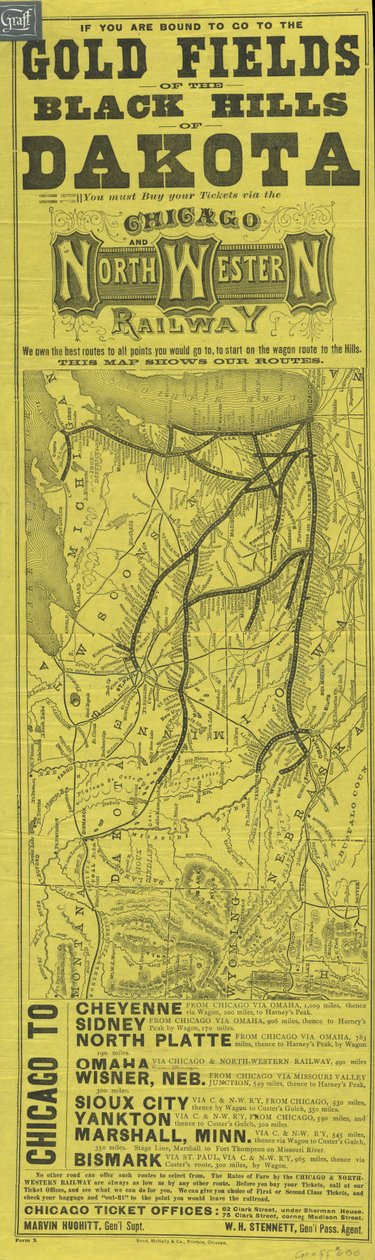 Broadside Chicagon ja North Western Railwaylle, painanut Rand McNally, n. 1870 tekijältä American School