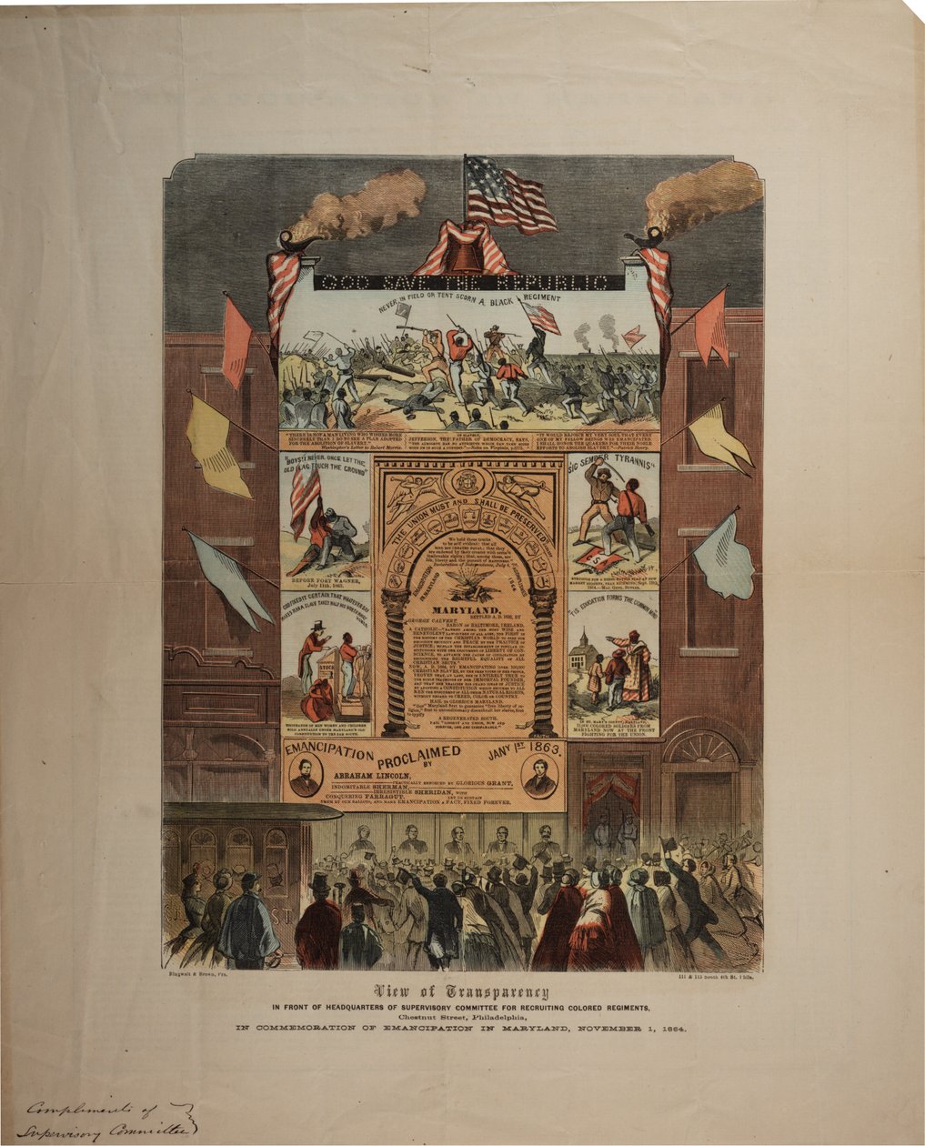 Afroamerikkalaisten rekrytointi ja vapautumisen juhliminen Marylandissa, Ringwalt & Brownissa (fl.1863-1865), noin 1.11.1864 (katso myös GLC 696015, 696016 ja 696017) tekijältä American School