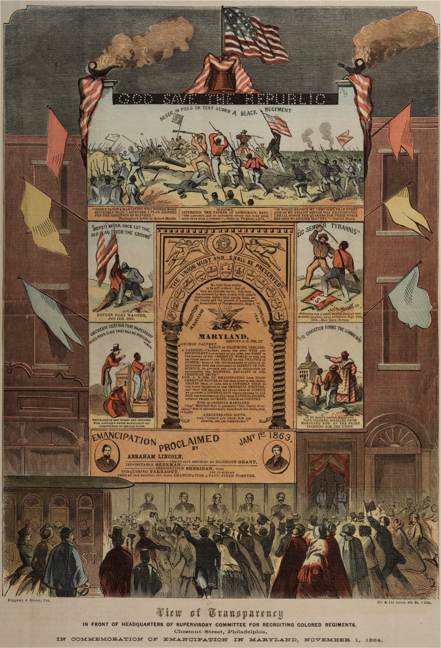 Afroamerikkalaisten rekrytointia ja vapautumisen juhlimista koskeva laaja näkemys Marylandissa, Ringwalt & Brownissa (fl.1863-1865), noin 1.11.1864 (katso myös GLC 696014, 696016 ja 696017) tekijältä American School