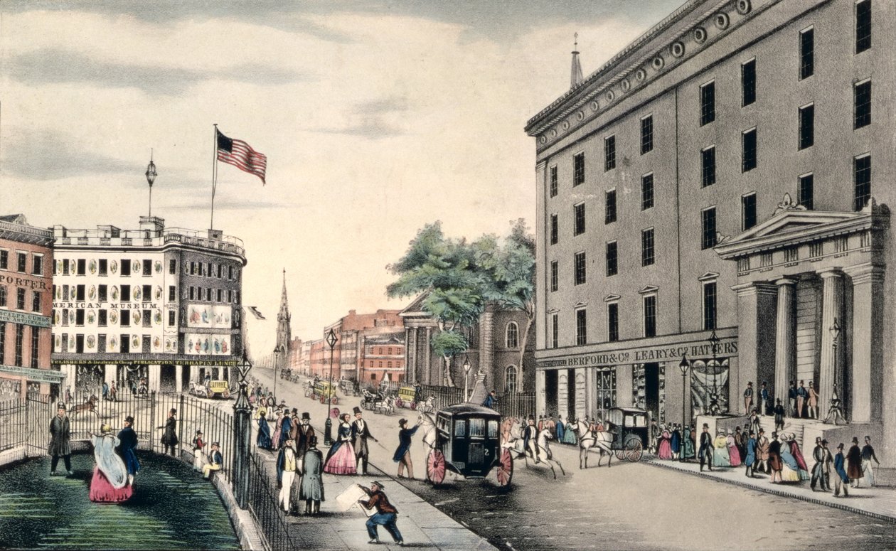 Broadway New York, etelään puistosta, kaiverrettu ja pubi. kirjoittanut Nathaniel Currier (1813-88) New York, tekijältä American School