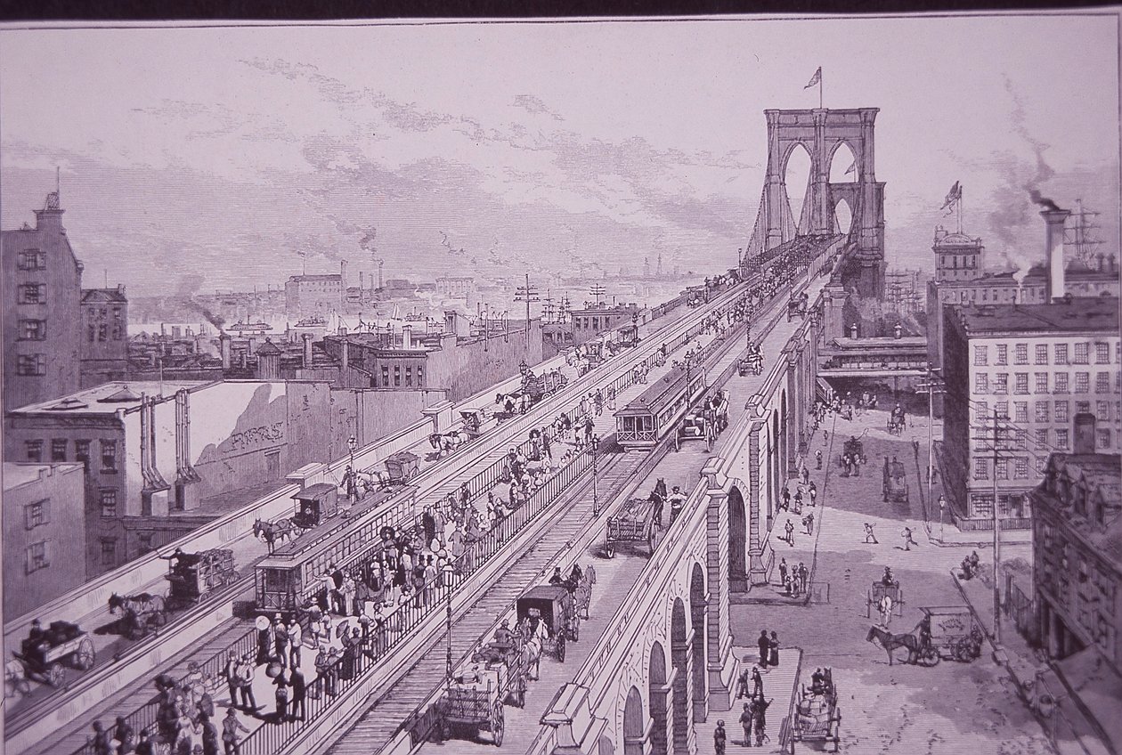 Brooklyn Bridge juuri avajaisten jälkeen, julkaistu 26. toukokuuta 1883 (kaiverrus) tekijältä American School