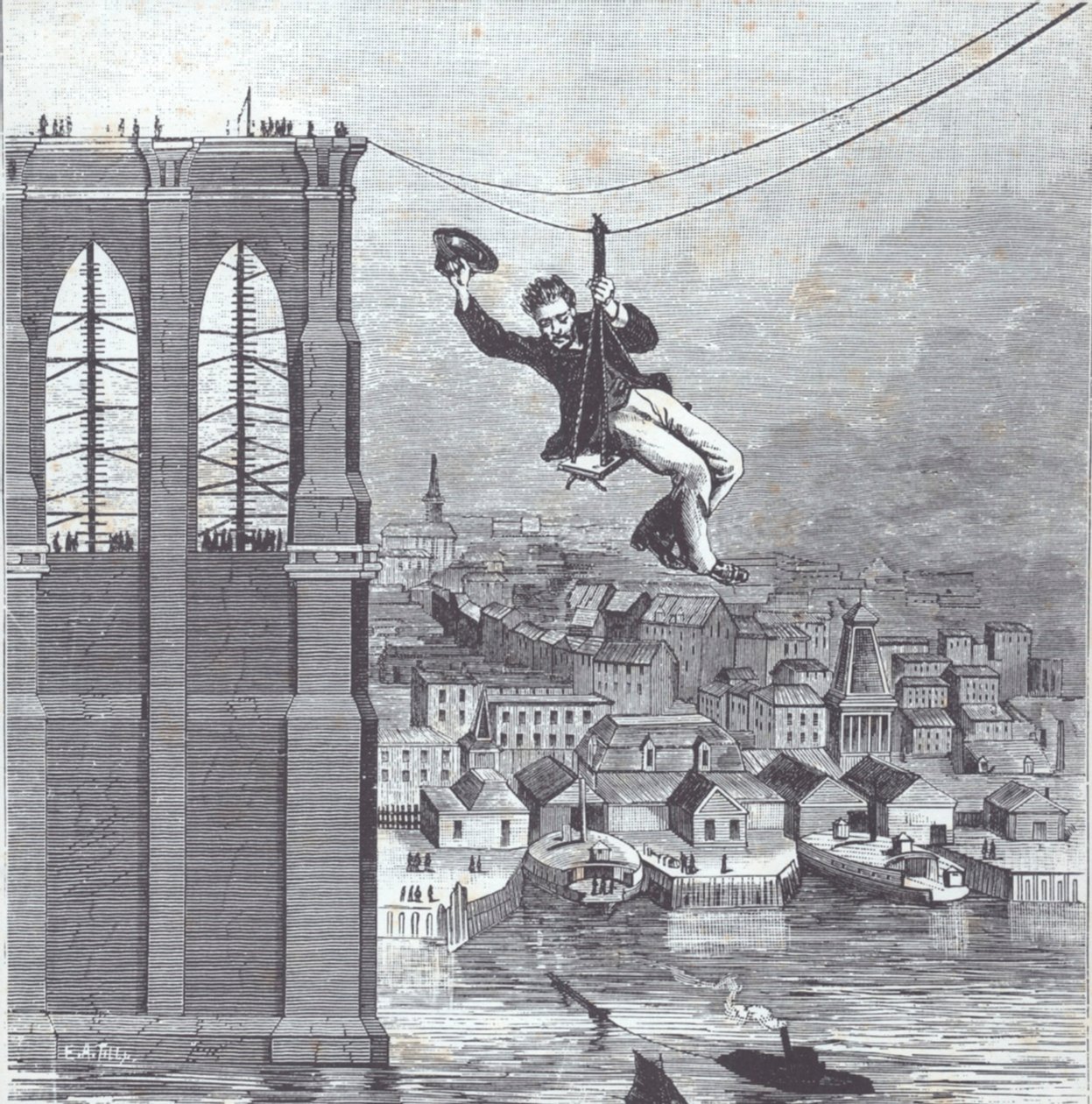 Brooklyn Bridge rakenteilla; Päärakennusvalvoja Farrington ylittää ensimmäisenä kahden pilonin välisen jänteen 25. elokuuta 1876 (kaiverrus) tekijältä American School