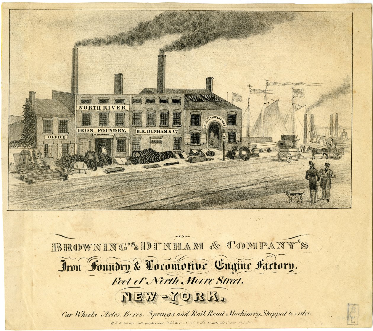 Brownings & Dunham & Companys Iron Foundry & Locomotive Engine Factory, North Moore Streetin jalka, New York tekijältä American School