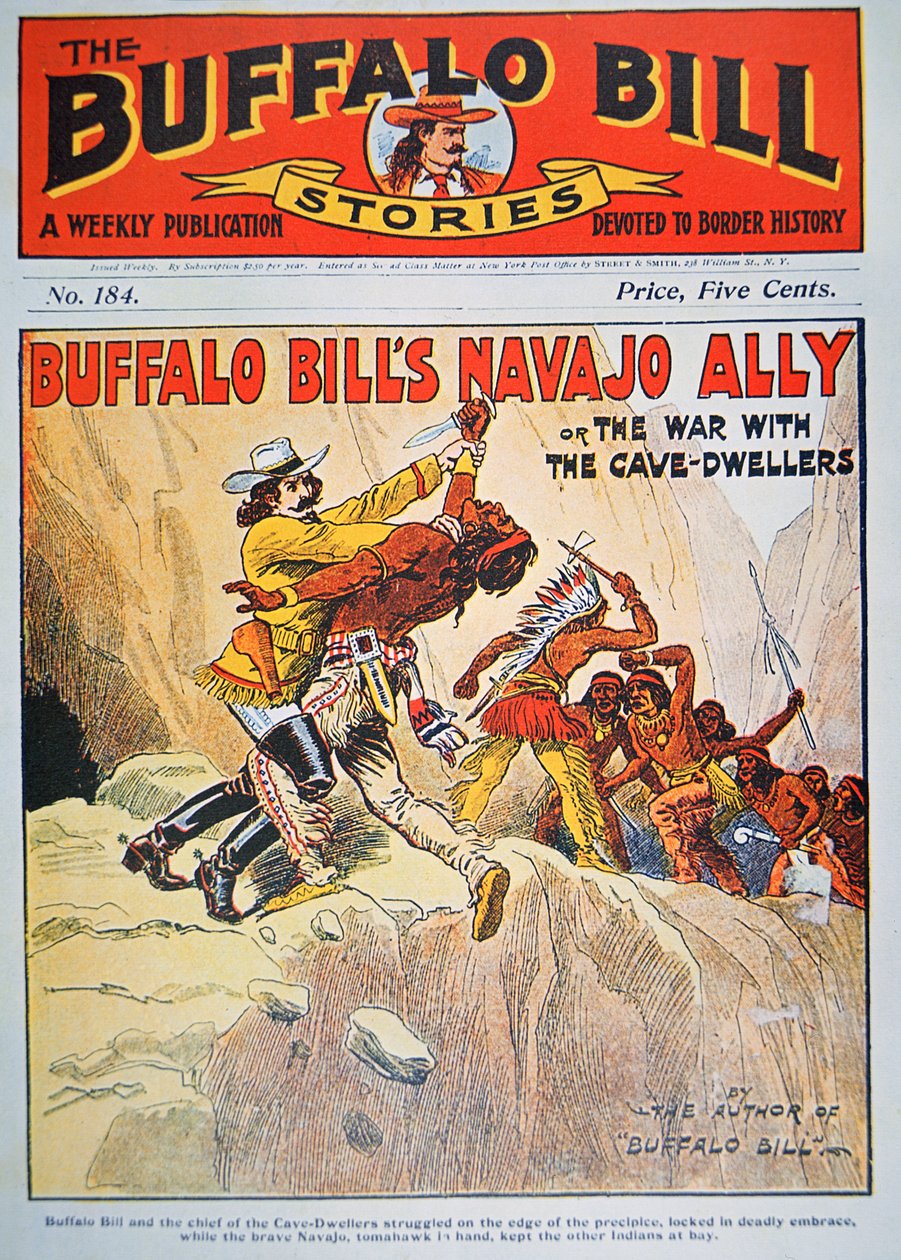 Buffalo Billin (1864-1917) Navajo Ally, kansikuva julkaisusta "Buffalo Bill Stories", n. 1890 (värilitho) tekijältä American School