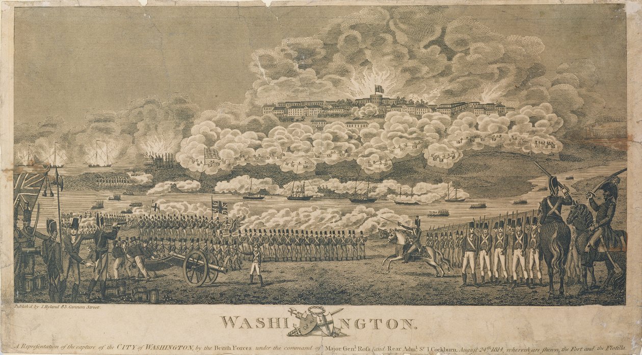 Brittien Burning of Washington, 24. elokuuta 1814, julkaisija I. Ryland tekijältä American School