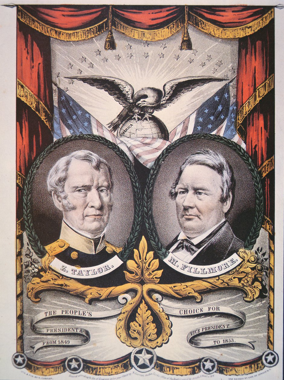 Presidenttiehdokas Zachary Taylorin (1784-1850) ja ehdokkaan Millard Fillmoren (1800-74) kampanjajuliste 1848 (värilitho) tekijältä American School