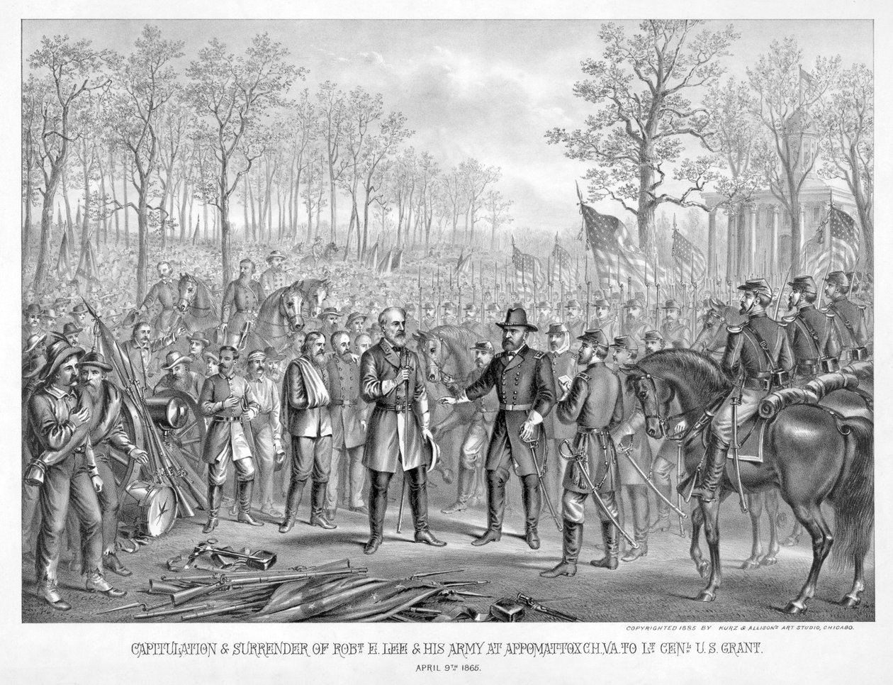 Robertin antautuminen ja antautuminen. E. Lee & Hänen armeijansa Appomattox Chi:ssä, Va. kenraaliluutnantille. U.S. Grant, 9. huhtikuuta 1865, pub. 1885 (kaiverrus) tekijältä American School
