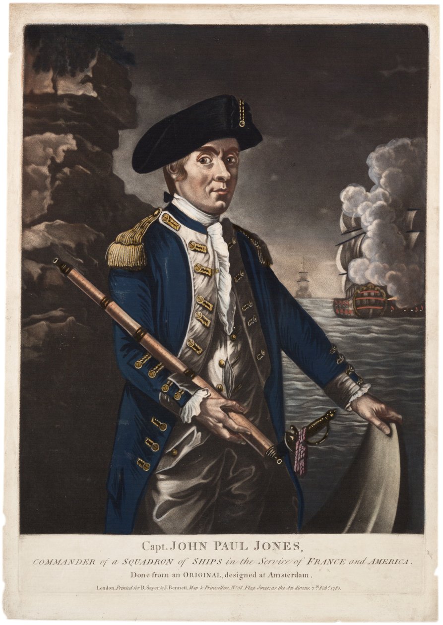 Kapteeni John Paul Jones, Ranskan ja Amerikan palveluksessa olevan laivalentueen komentaja, 1780 (käsinvärinen mezzotint) tekijältä American School