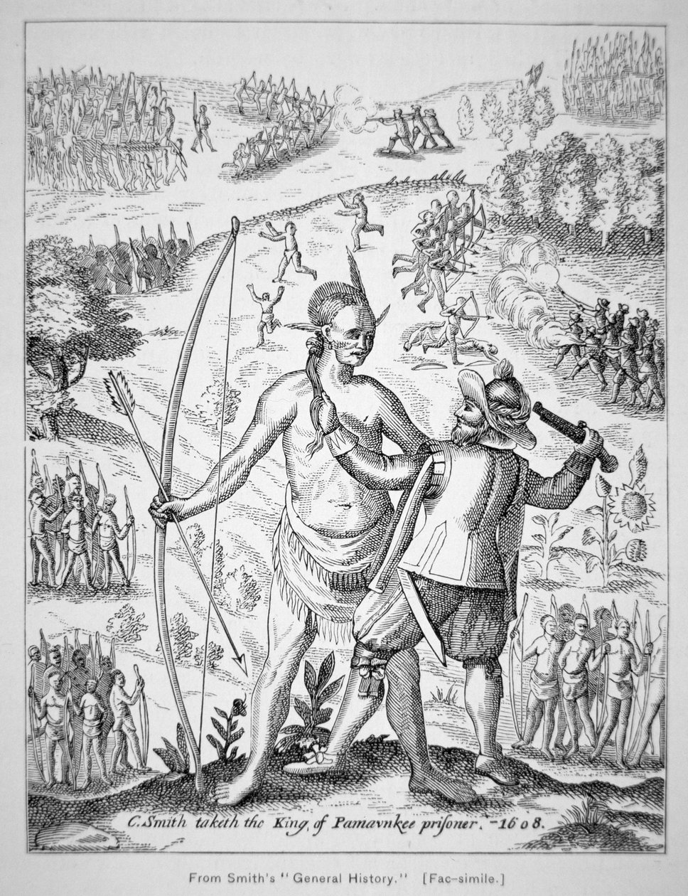 Kapteeni John Smith (1580-1631) vangitsemassa intiaanipäällikön vuonna 1608 Smithin julkaisusta "Generall Historie of Virginia, New England & the Summer Isles" tekijältä American School