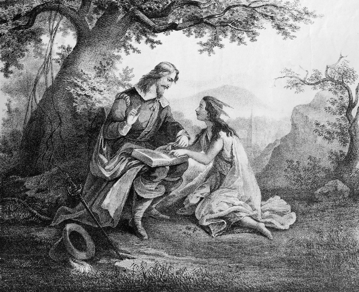 Kapteeni John Smith (1580-1631) opettaa Pocohontasta (n. 1595-1617) lukemaan tekijältä American School