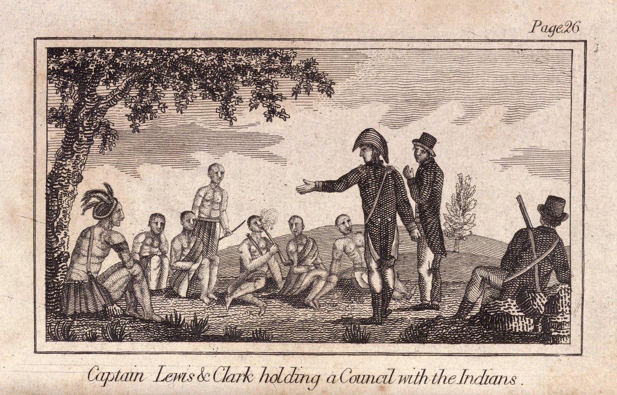 Kapteeni Lewis & Clarke pitävät neuvoston intiaanien kanssa, pub. 1812 (kaiverrus) tekijältä American School