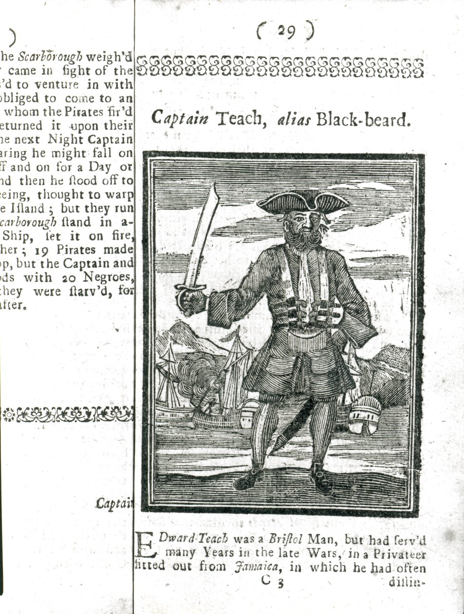 Kapteeni Teach, Alias Black Beard, teoksesta Kaikkien pahamaineisimpien merirosvojen ja heidän miehistöjen historia ja elämä, Lontoo, 1725 tekijältä American School