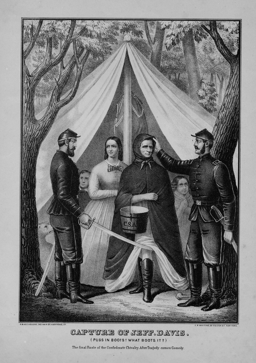 Jeffin vangitseminen. Davis (Puss in boots! What boots it?) : Konfederaation ritarikunnan viimeinen kuohu: tragedian jälkeen tulee komedia, julkaisija E.B. & E.C. Kellogg, Hartford ja F.P. Whiting, New York tekijältä American School