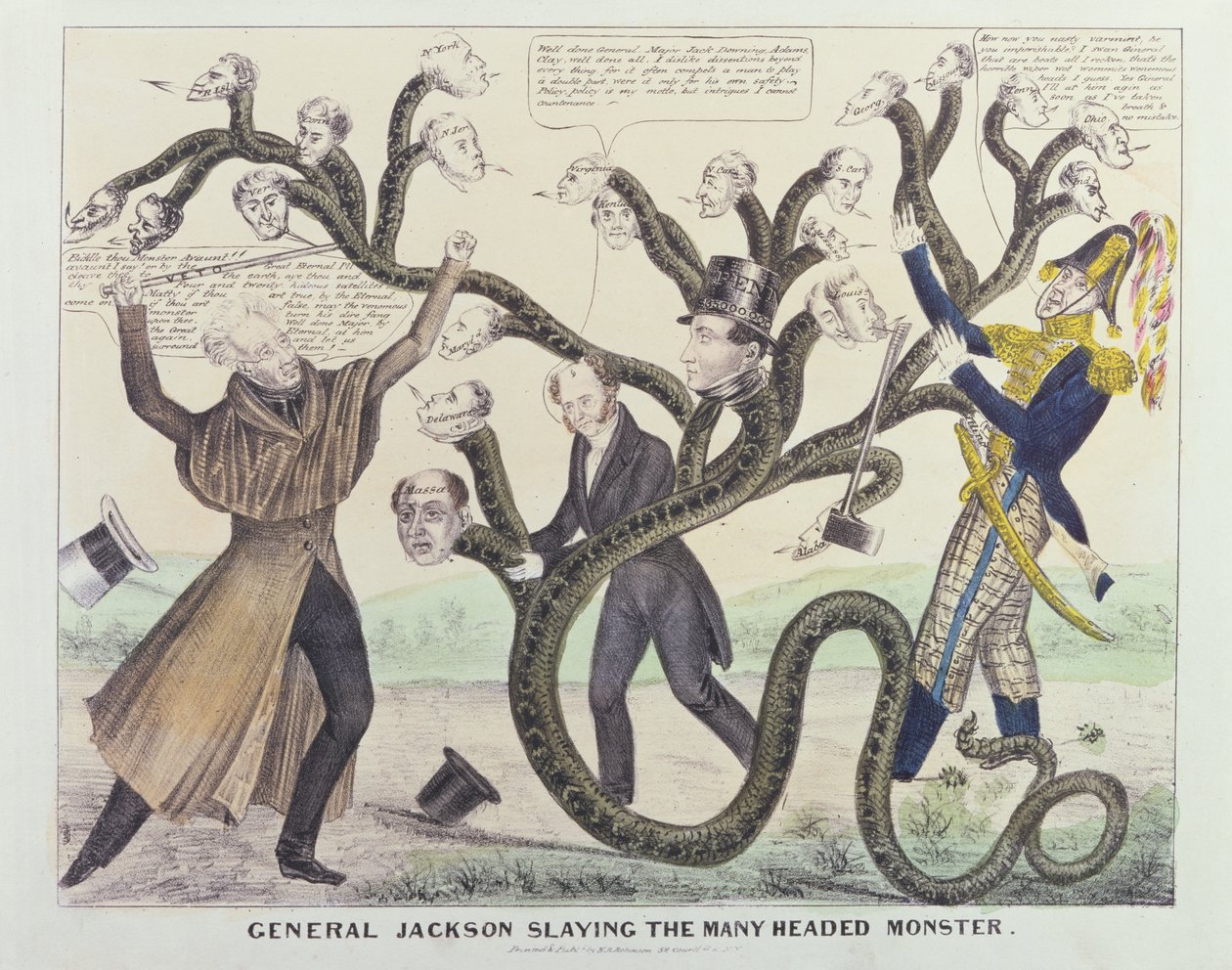 Karikatyyri kenraali Jacksonista (1767-1845) Slaying the Many Headed Monster, julkaisija H.R. Robinson, n. 1836 (kynä ja muste, kynä ja wc paperilla) tekijältä American School