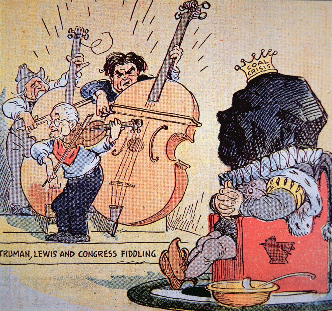 Karikatyyri Harry S. Trumanista (1884-1972) John Llewellyn Lewisin (1880-1969) ja kongressin viulujen kanssa tekijältä American School