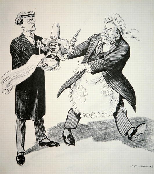 Sarjakuva, jossa presidentti William H. Taft (1857-1930) luovuttaa ongelmallisen "Meksikon tilanteen" seuraajalleen presidentti Woodrow Wilsonille (1856-1924) 1913 (litho) tekijältä American School
