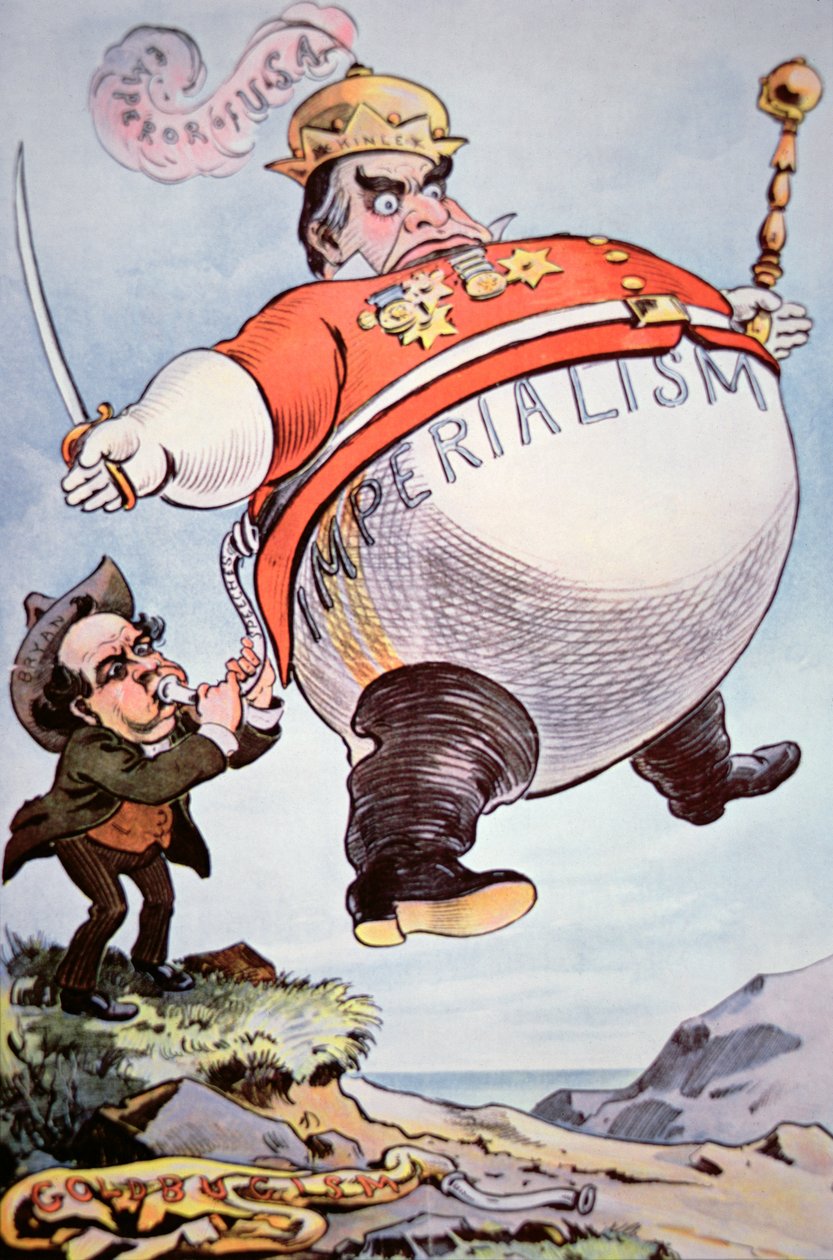 Sarjakuva kuvaa William Jennings Bryania (1860-1925) räjäyttämässä "Imperialistisen tuulipussin" William Mckinley (1843-1901) "Puckista" tekijältä American School