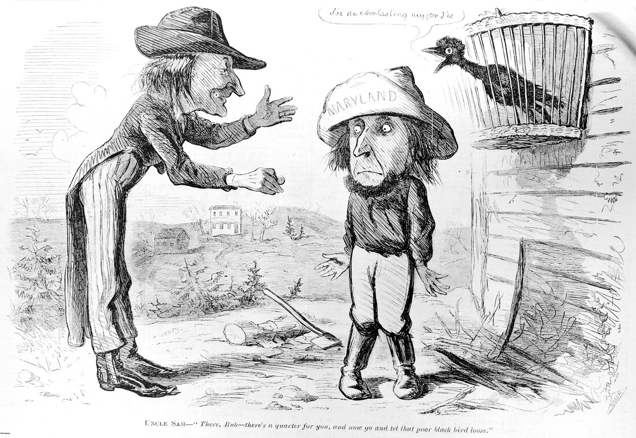 Sarjakuva orjuuden poistamisesta Marylandissa, "Frank Leslien kuvitettu sanomalehti", 5. huhtikuuta 1862 tekijältä American School