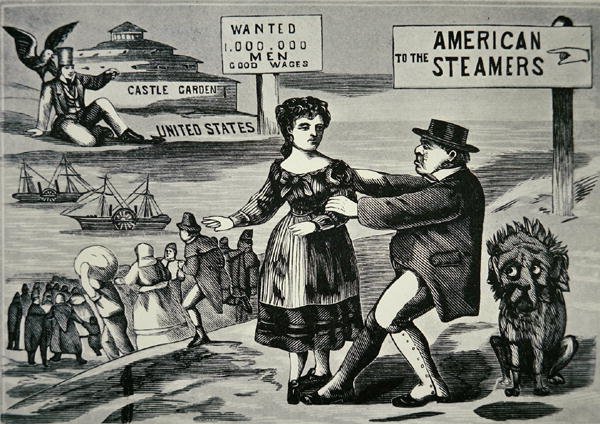Sarjakuva, jossa John Bull yrittää pysäyttää kasvavan työvoimavirran Yhdysvaltoihin, n. 1850 (kaiverrus) tekijältä American School