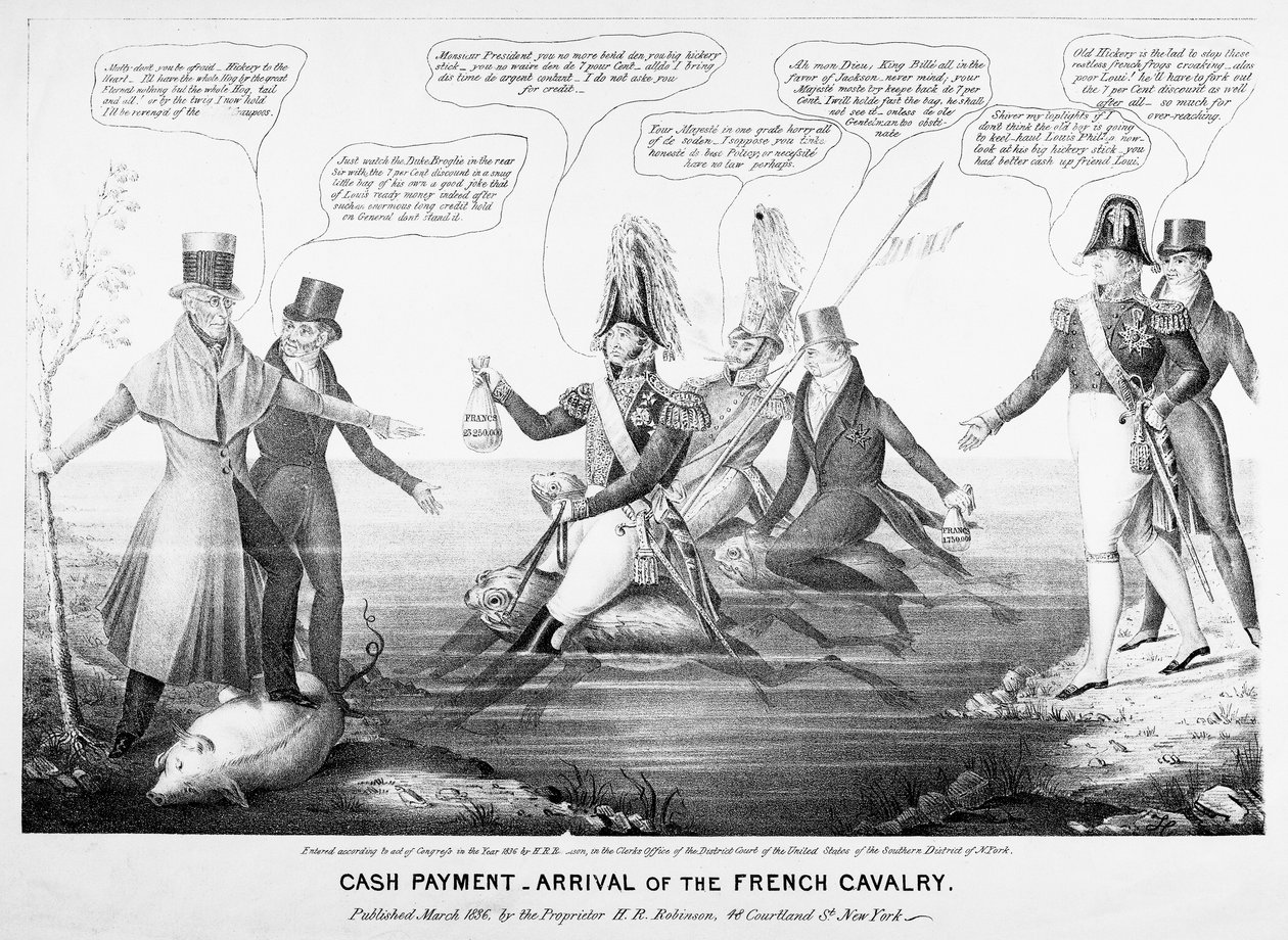 Käteismaksu – Ranskan ratsuväen saapuminen, julkaisija H.R. Robinson, New York, 1836 (kaiverrettu) tekijältä American School