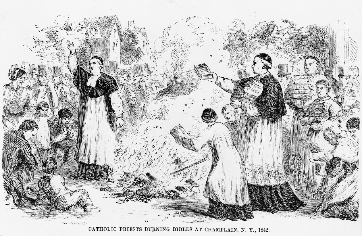 Katoliset papit polttavat raamattuja Champlainissa, New Yorkissa, kuva antikatolisesta pamfletista, 1842 tekijältä American School