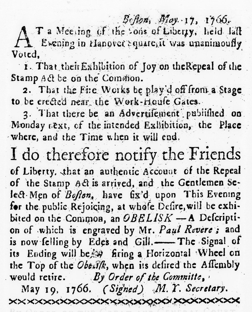 Postimerkkilain kumoamisen juhla, Boston Gazette, 19. toukokuuta 1766 (sanomalehtipaperi) tekijältä American School