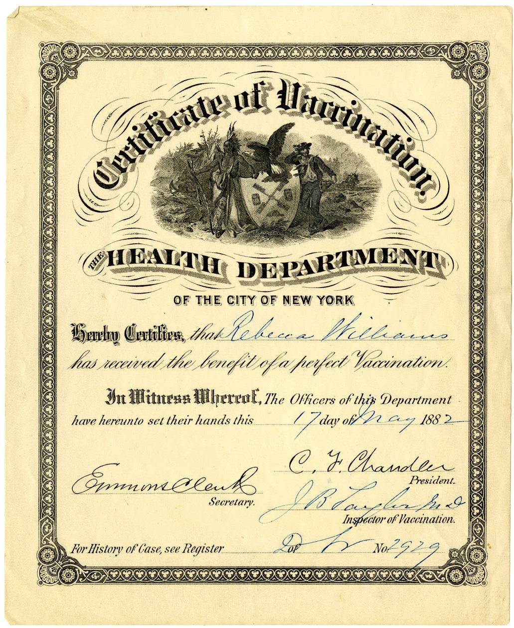 Certificate of Vaccination, The Health Department of the City of New York..., 1882 (kaiverrus [todistus] täytetty musteella) tekijältä American School