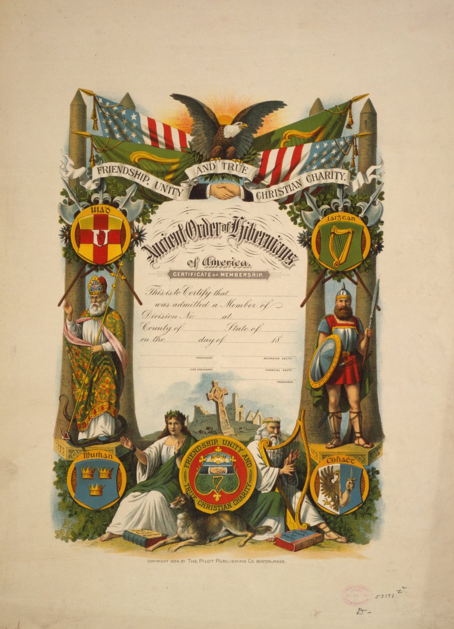 Todistus jäsenyydestä Ancient Order of Hibernians of Americassa, n. 1894 (värilitografia) tekijältä American School