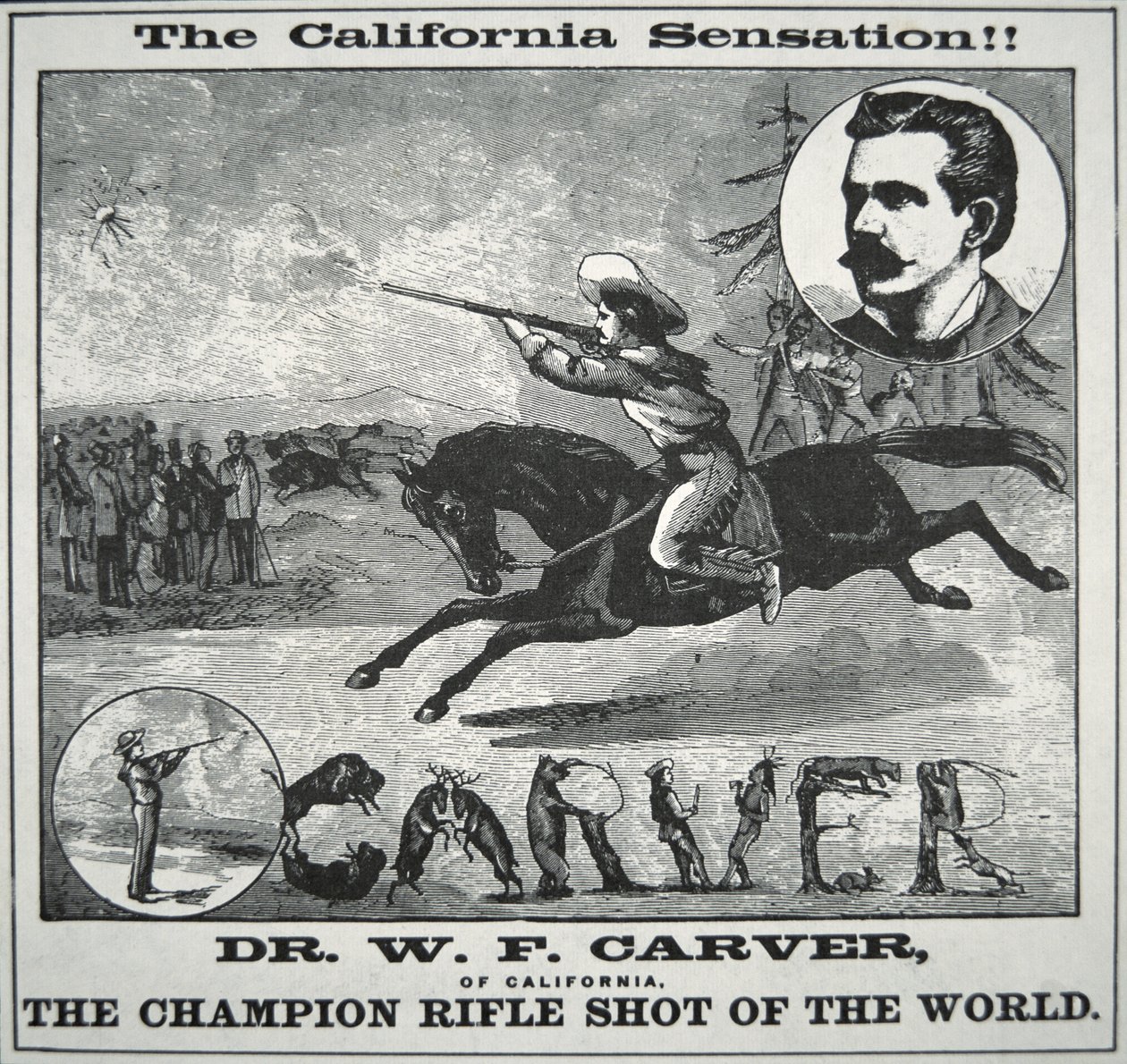 Champion Rifle Shot of the World -juliste, jossa on mukana Doc Carver (1840-1927) n. 1885 (kaiverrus) tekijältä American School