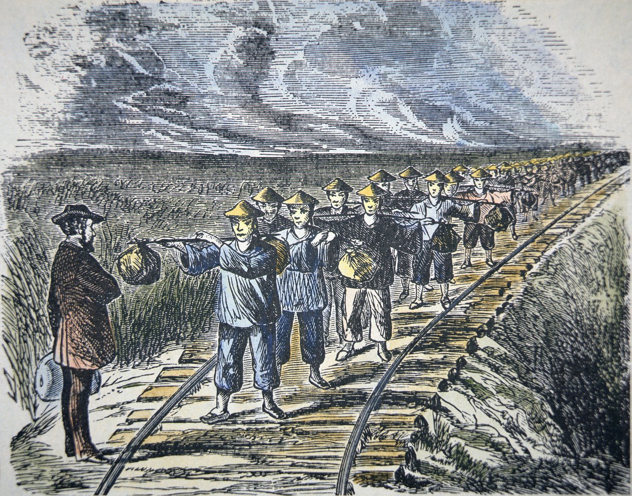 Charles Crocker (1822-88) ja hänen kiinalaisensa työvoimansa rakentamassa Keski-Tyynenmeren rautatietä, valmistunut 1869 (värilitho) tekijältä American School