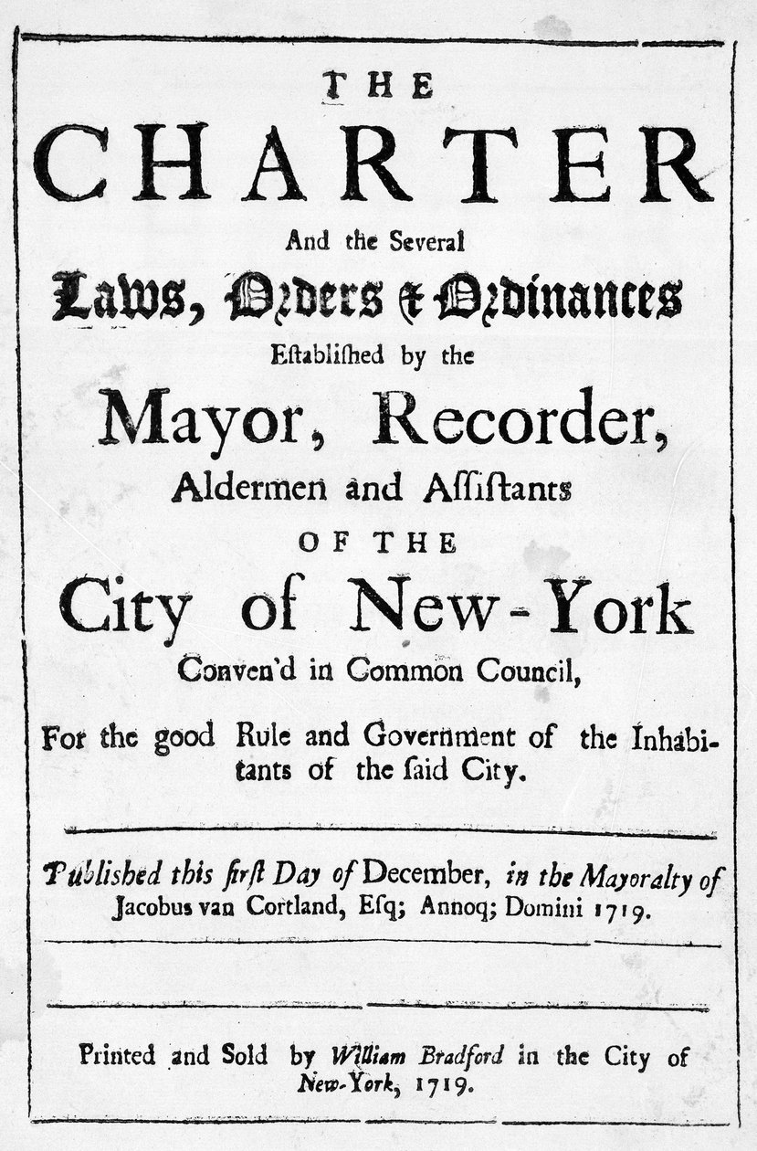 New Yorkin kaupungin peruskirja, 1719 (painettu) tekijältä American School