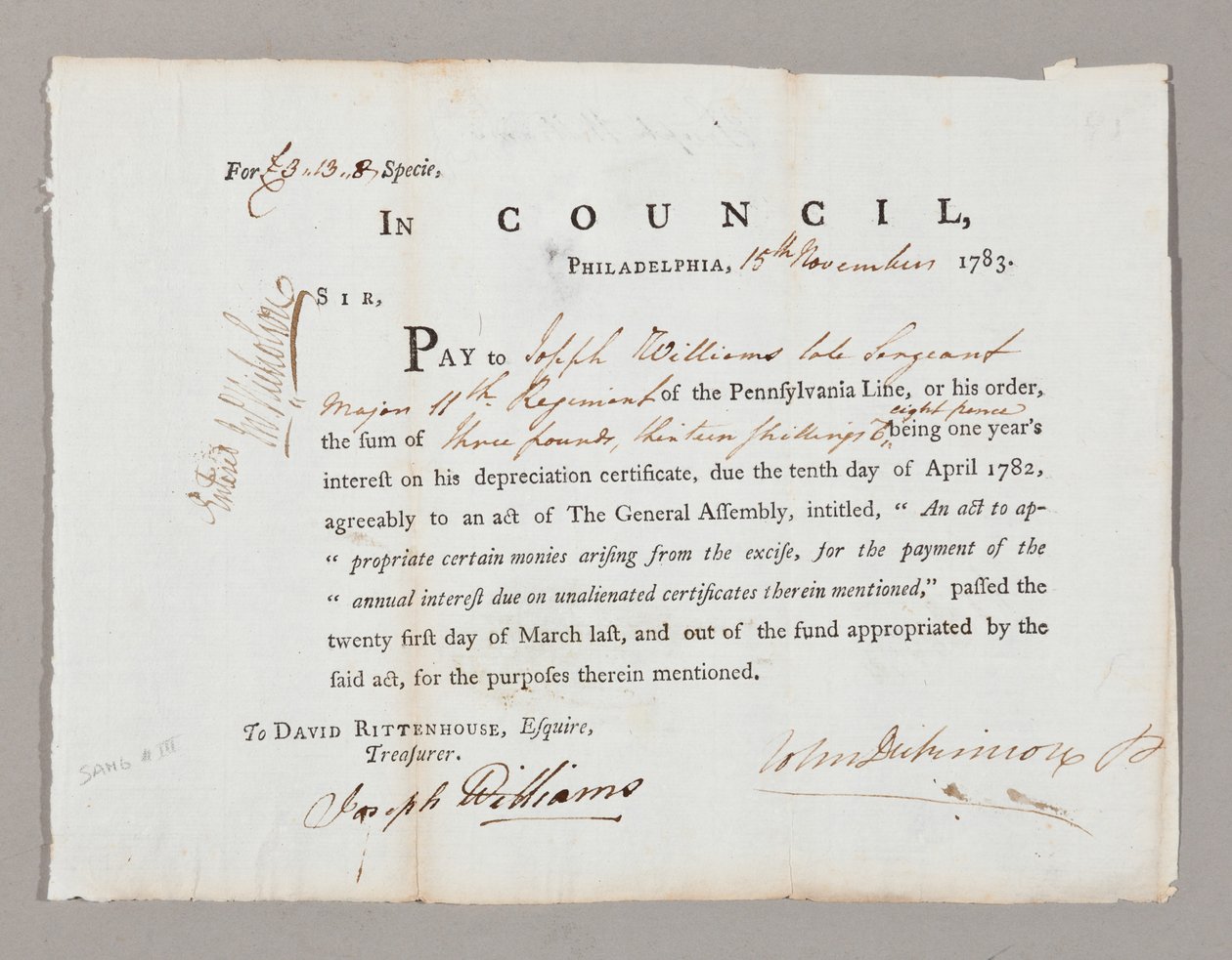 Kolme puntaa ja kolmetoista shillingiä Joseph Williamsille, 13. marraskuuta 1783 tekijältä American School