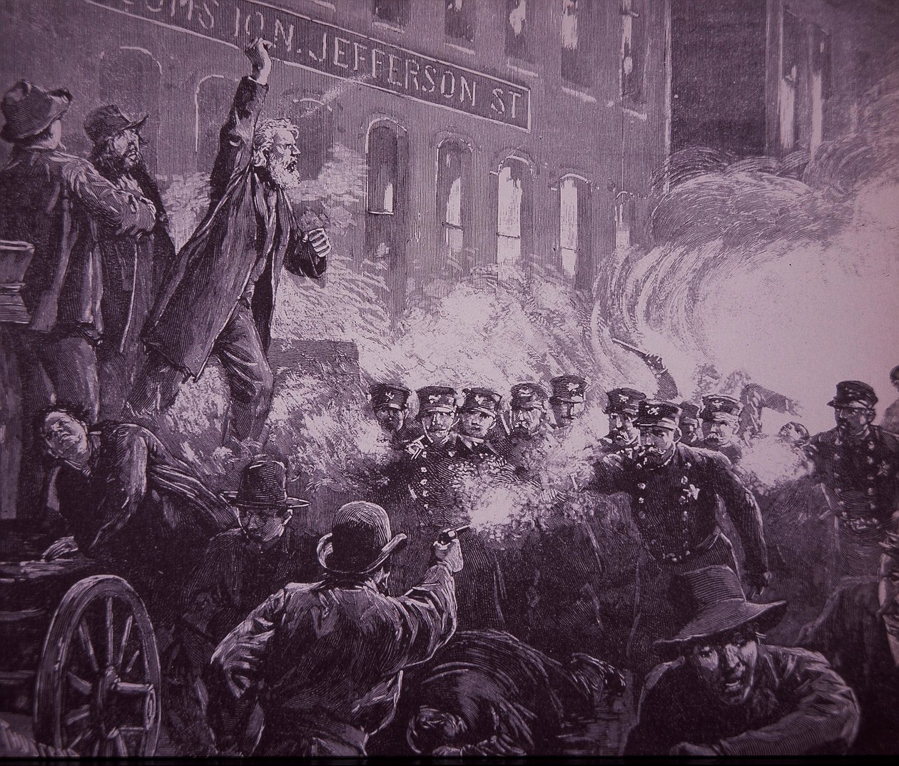 Chicago Haymarket Labor Riot vuodelta 1886, kaiverrus julkaistu Harper
