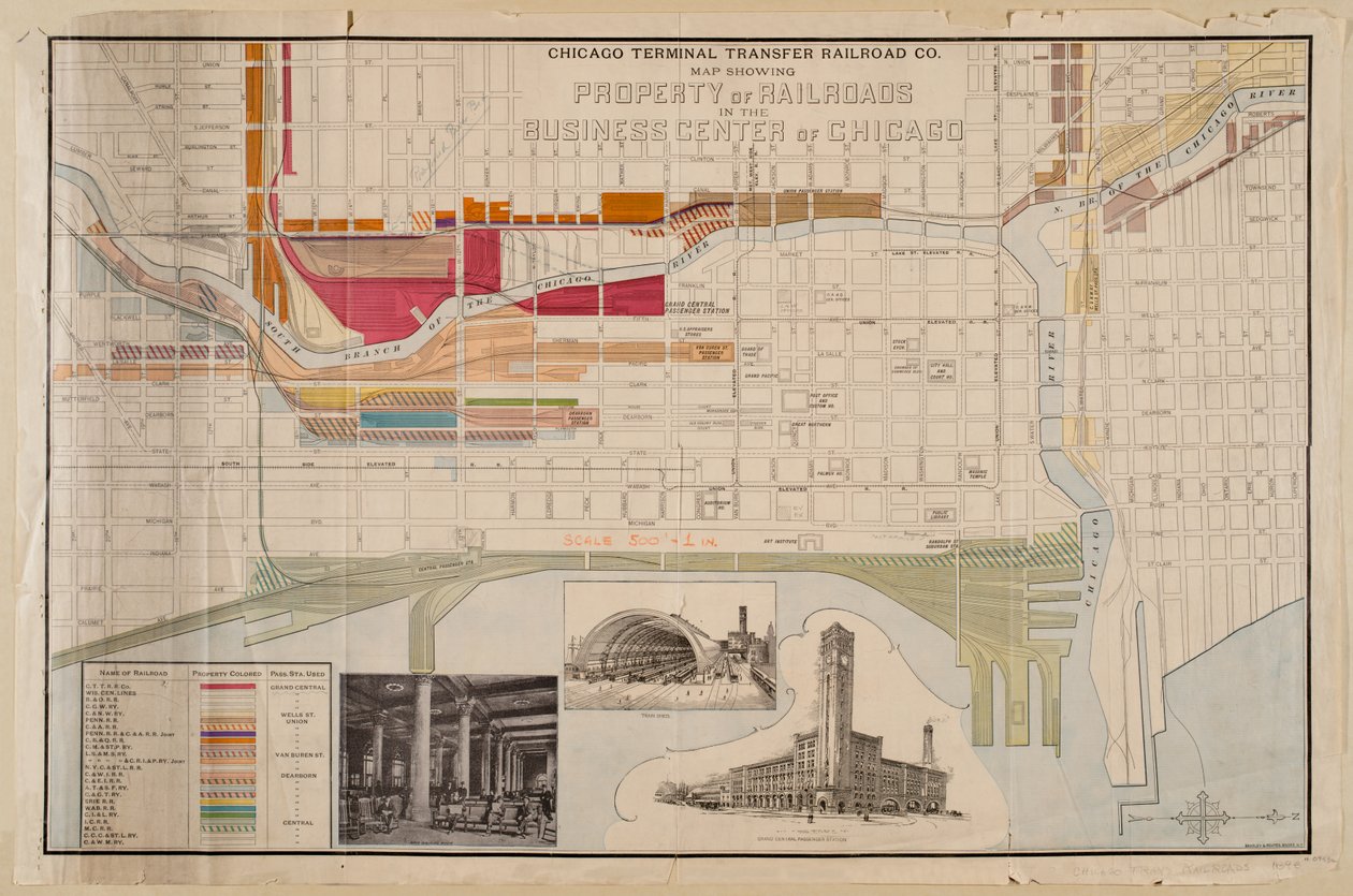 Chicago Terminal Transfer Railroad Co:n kartta, jossa näkyy rautateiden omaisuus Chicagon liikekeskustassa, noin 1898. tekijältä American School