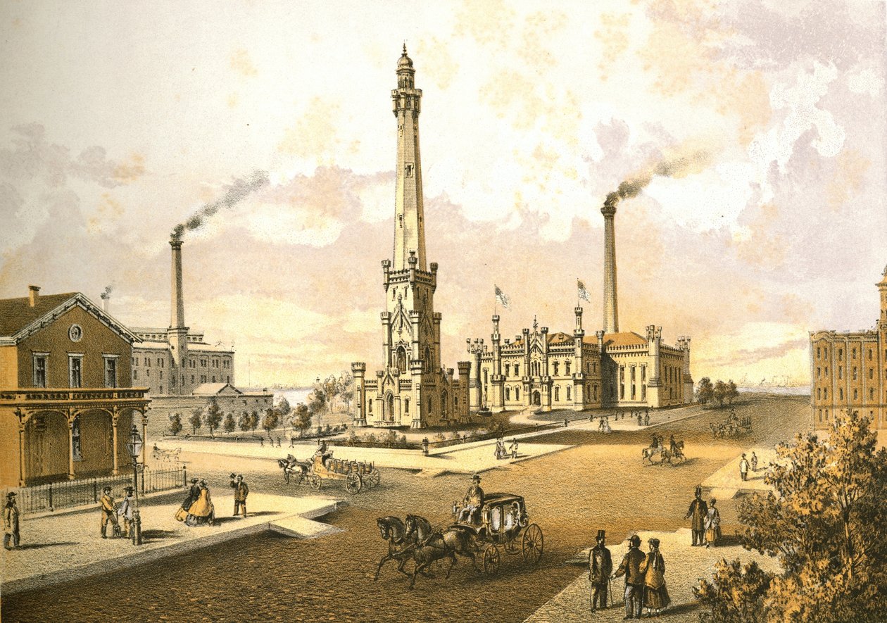 Chicago Water Works, Chicago Illustrated, James W. Sheahanin kirjalliset kuvaukset, julkaisija Jevne & Almini, Chicago, 1866-67 tekijältä American School