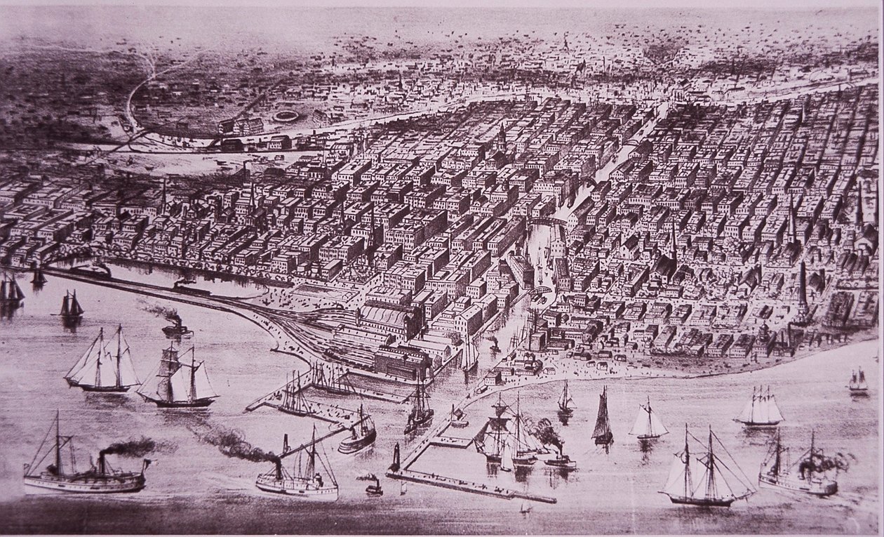 Chicago ennen vuoden 1871 suurta tulipaloa, noin 1870 (litho) tekijältä American School