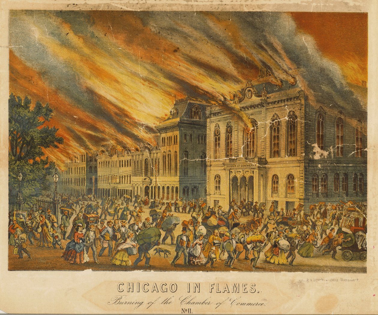 Chicago in Flames: Kauppakamarin palaminen (väri litho) tekijältä American School
