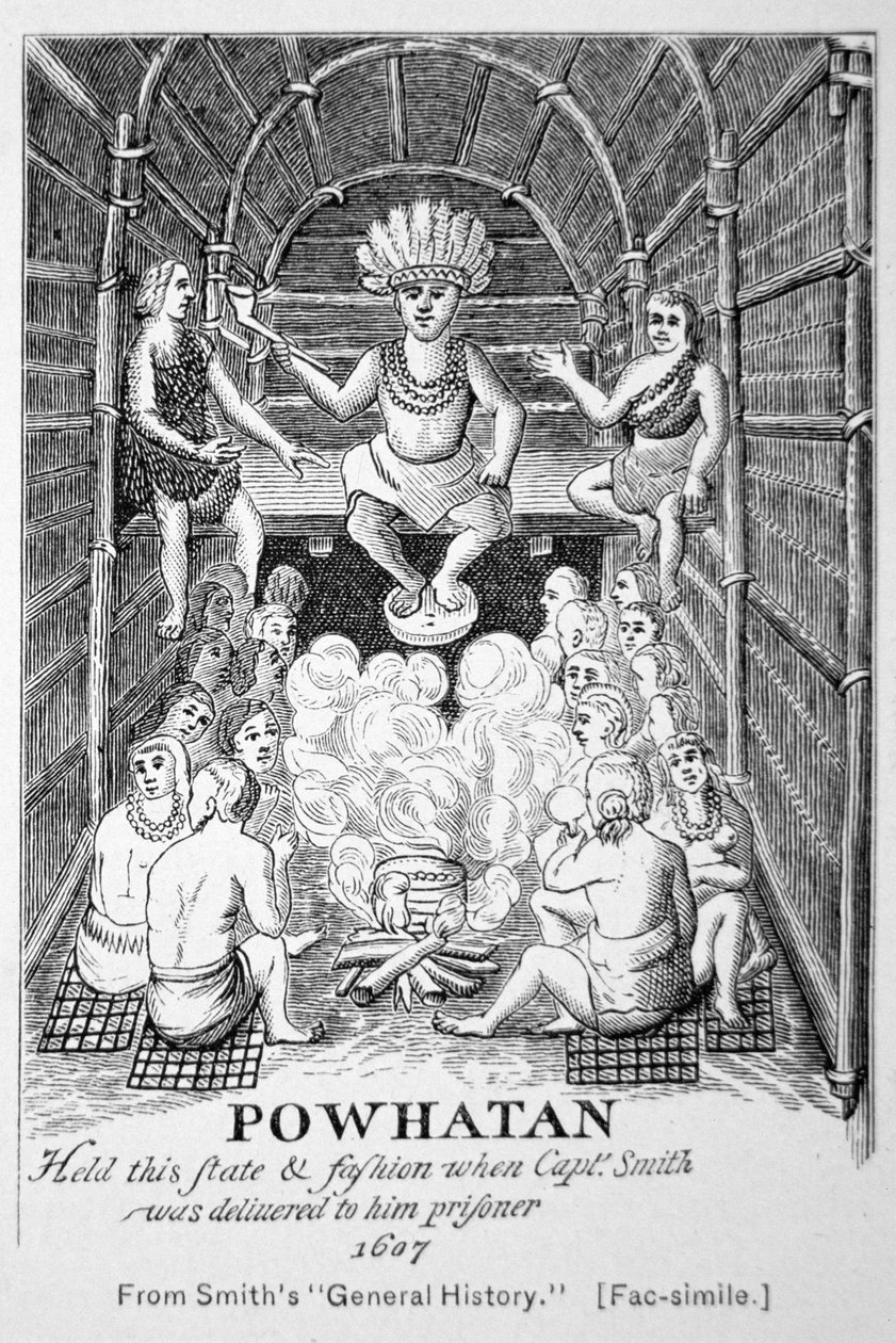 Päällikkö Powhatan, sellaisena kuin hän esiintyi vuonna 1607, Smithin julkaisusta General Historie of Virginia, New England & the Summer Isles. tekijältä American School