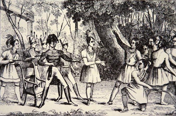 Päällikkö Tecumseh (1768-1813) uhmaa kenraali Harrisonia (1773-1841) (kaiverrus) tekijältä American School