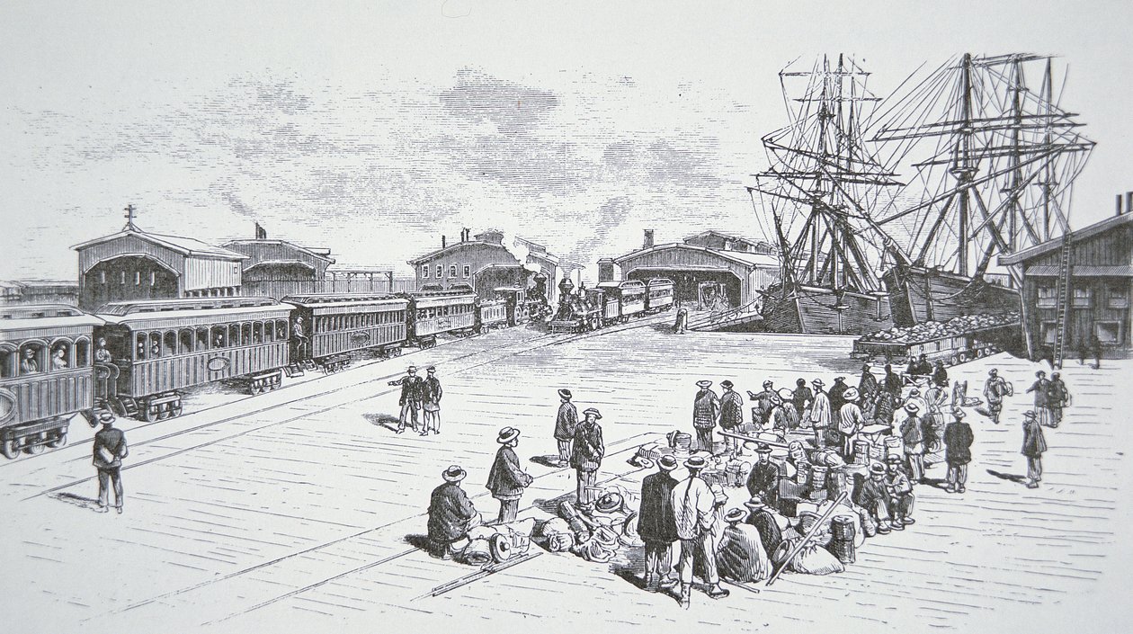 Kiinalaiset siirtolaiset tai "coolet" saapuvat San Franciscoon työskentelemään mannertenvälisellä rautatiellä 1860-luvulla (litho) tekijältä American School